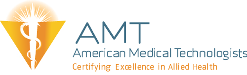 The logo of American Medical Technologists (AMT), showing bold blue letters “AMT” on a white background.