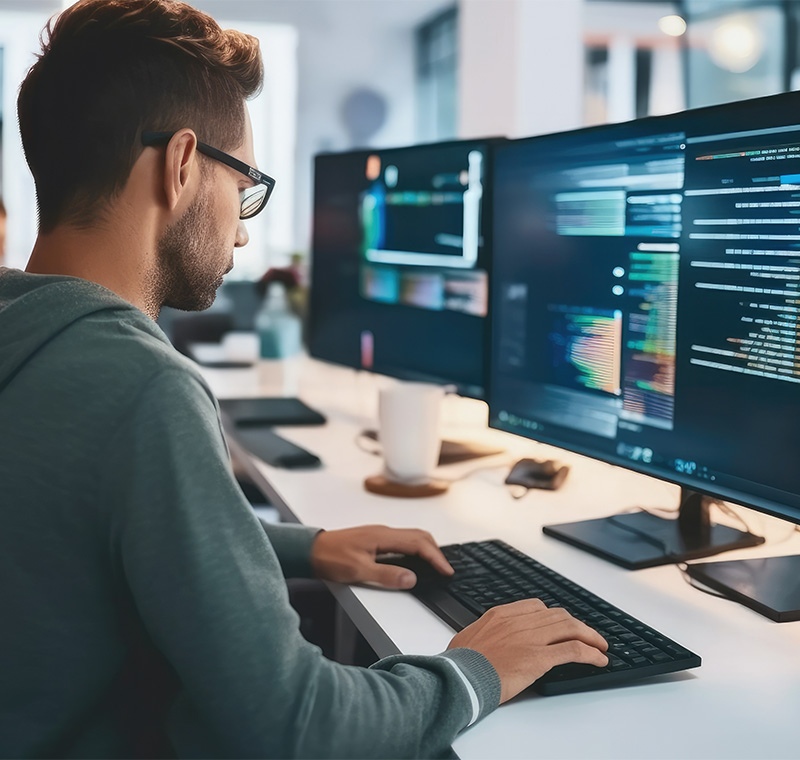 An ethical hacker analyzes cybersecurity data on multiple monitors filled with code and network visualizations, identifying system vulnerabilities during a penetration testing session in a dark tech workspace.