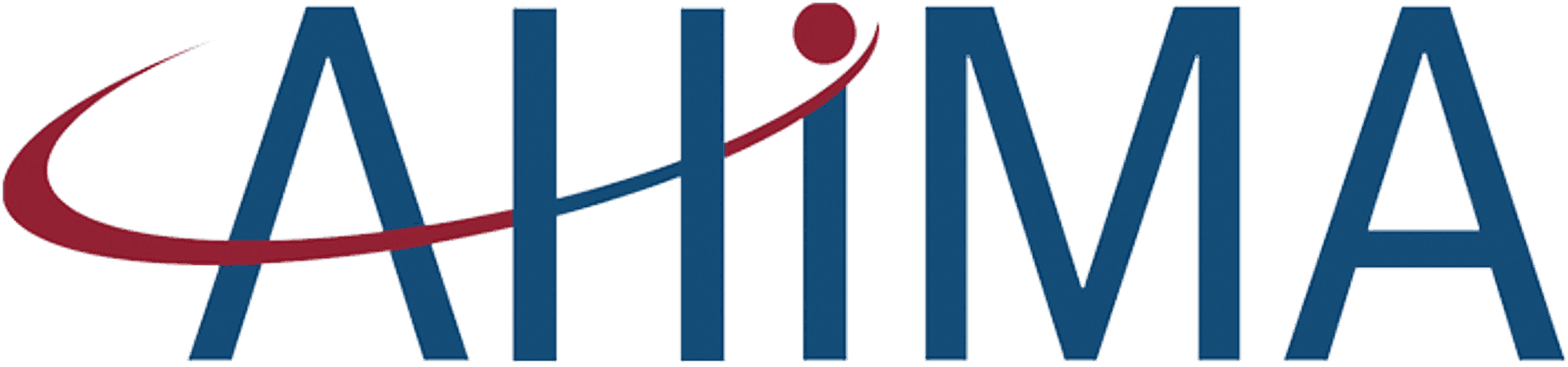 AHIMA logo in blue and red featuring the letters “AHIMA” with a red swoosh element, representing the American Health Information Management Association.